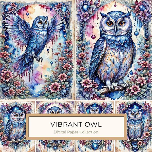Watercolor Owl Art: Floral Digital Paper Set (10 JPGs)