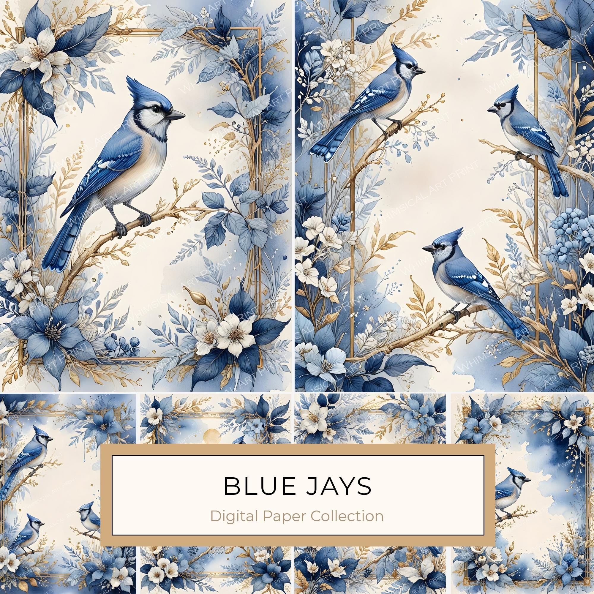 Watercolor Blue Jay Digital Paper Set: Floral Gold Accents (10 JPGs)