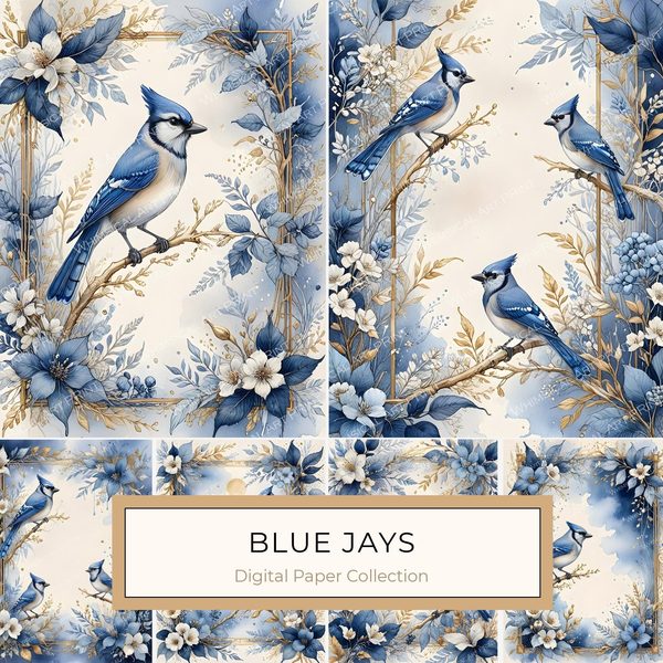 Watercolor Blue Jay Digital Paper Set: Floral Gold Accents (10 JPGs)