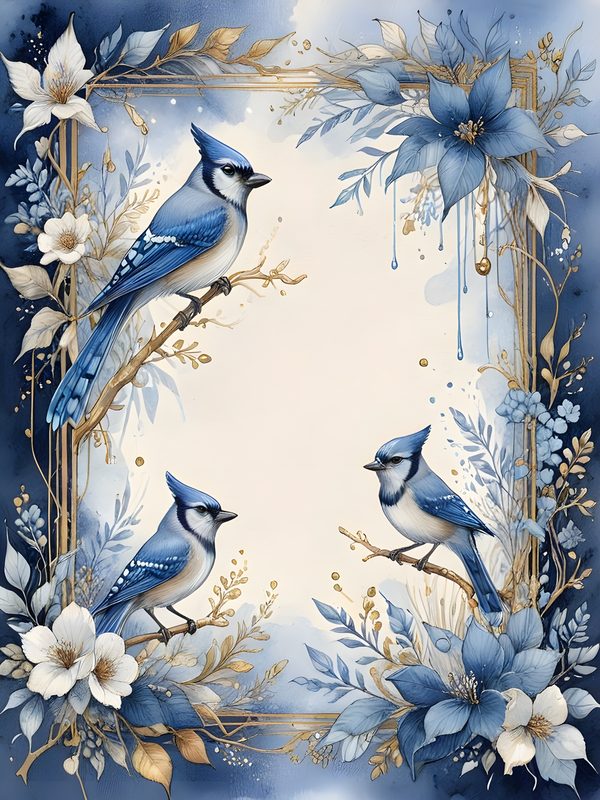 Watercolor Blue Jay Digital Paper Set: Floral Gold Accents (10 JPGs) — image 1