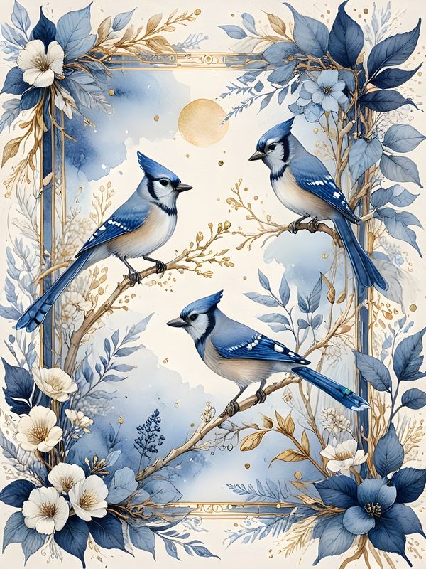 Watercolor Blue Jay Digital Paper Set: Floral Gold Accents (10 JPGs) — image 2