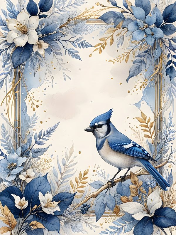 Watercolor Blue Jay Digital Paper Set: Floral Gold Accents (10 JPGs) — image 3