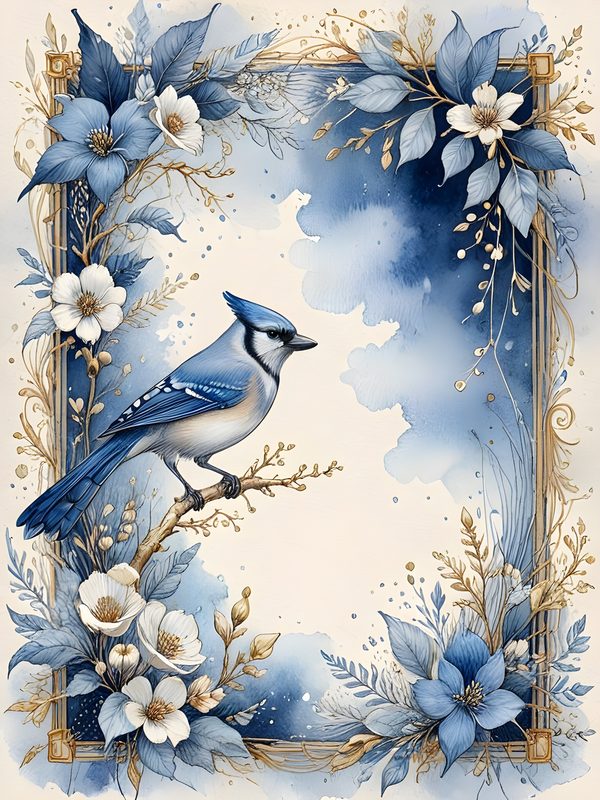 Watercolor Blue Jay Digital Paper Set: Floral Gold Accents (10 JPGs) — image 4