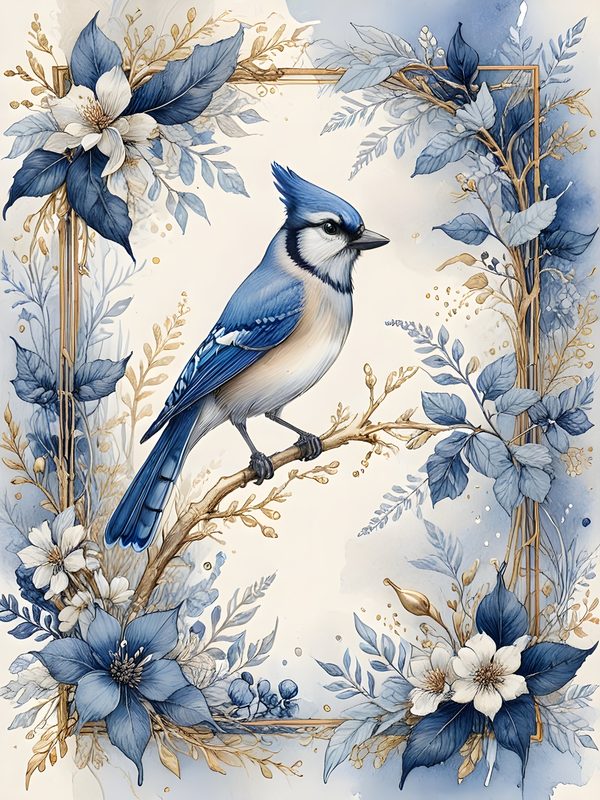 Watercolor Blue Jay Digital Paper Set: Floral Gold Accents (10 JPGs) — image 5