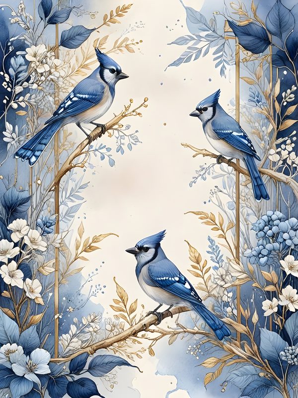 Watercolor Blue Jay Digital Paper Set: Floral Gold Accents (10 JPGs) — image 6