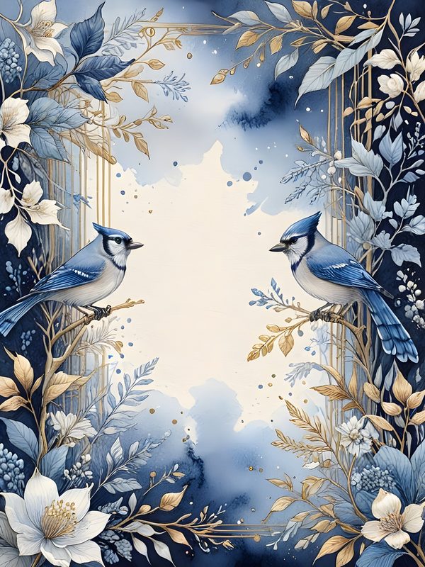 Watercolor Blue Jay Digital Paper Set: Floral Gold Accents (10 JPGs) — image 7
