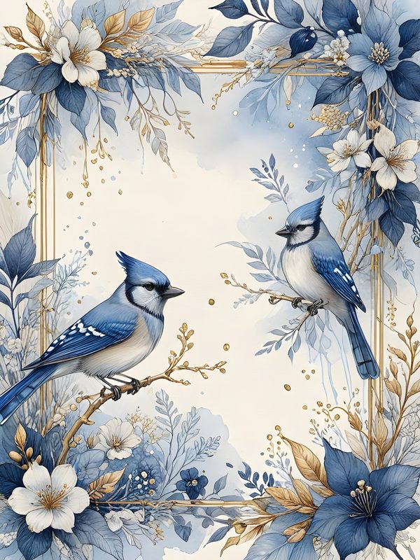Watercolor Blue Jay Digital Paper Set: Floral Gold Accents (10 JPGs) — image 8