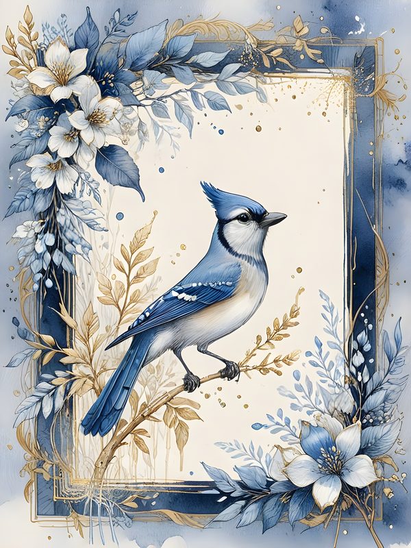 Watercolor Blue Jay Digital Paper Set: Floral Gold Accents (10 JPGs) — image 9