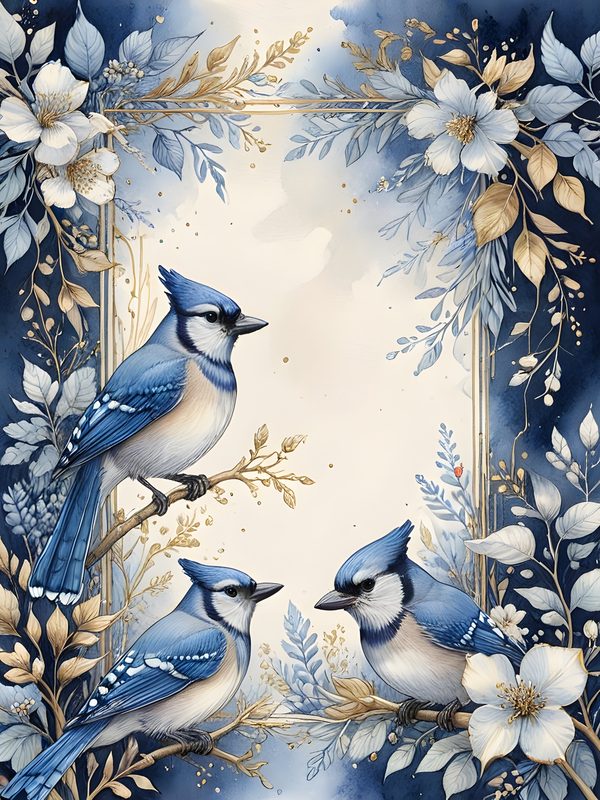 Watercolor Blue Jay Digital Paper Set: Floral Gold Accents (10 JPGs) — image 10