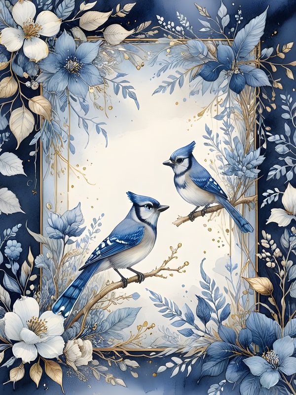 Watercolor Blue Jay Digital Paper Set: Floral Gold Accents (10 JPGs) — image 11