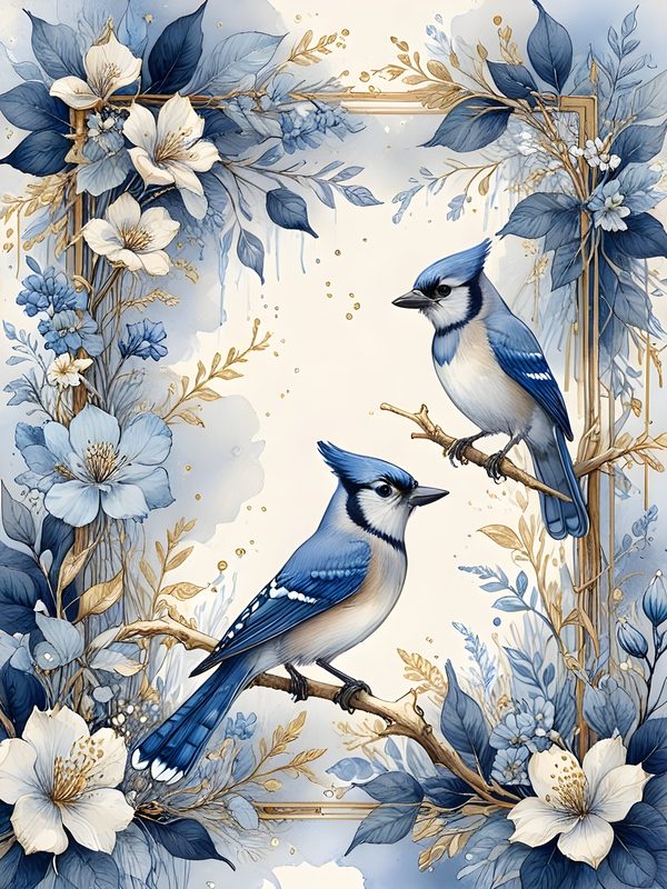 Watercolor Blue Jay Digital Paper Set: Floral Gold Accents (10 JPGs) — image 12