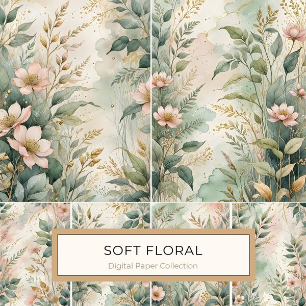 Watercolor Floral Digital Paper Set: Soft Green & Gold (10 JPGs)