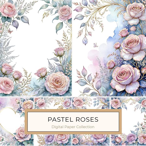 Watercolor Roses Digital Paper Set: Gold Heart, Pastel Tones (10 JPGs)