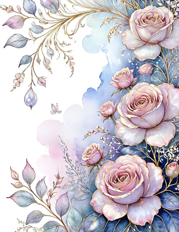 Watercolor Roses Digital Paper Set: Gold Heart, Pastel Tones (10 JPGs) — image 3
