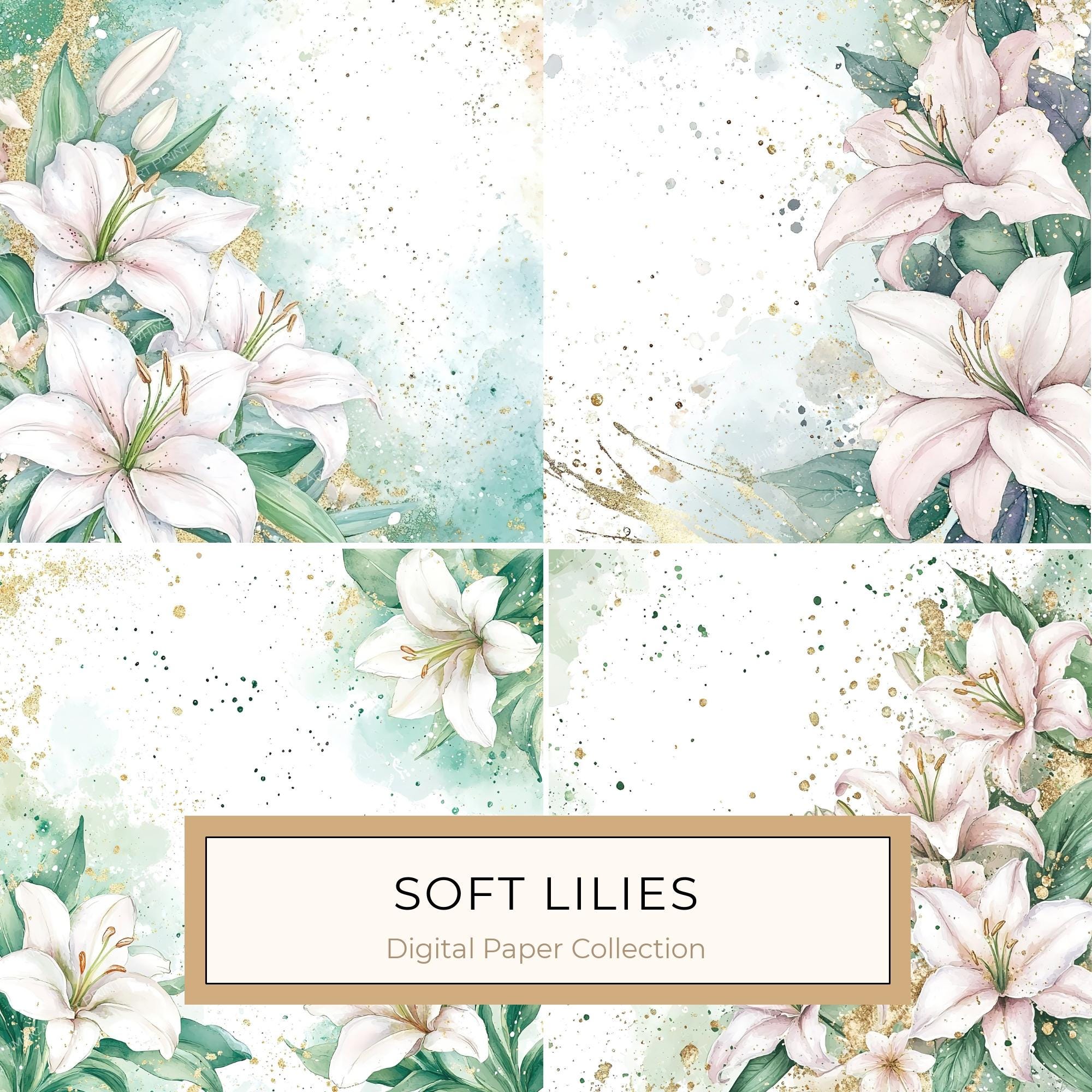 Watercolor Lilies Digital Paper: Gold Splashes, Green & Ivory Background, (Digital Download, Commercial Use)