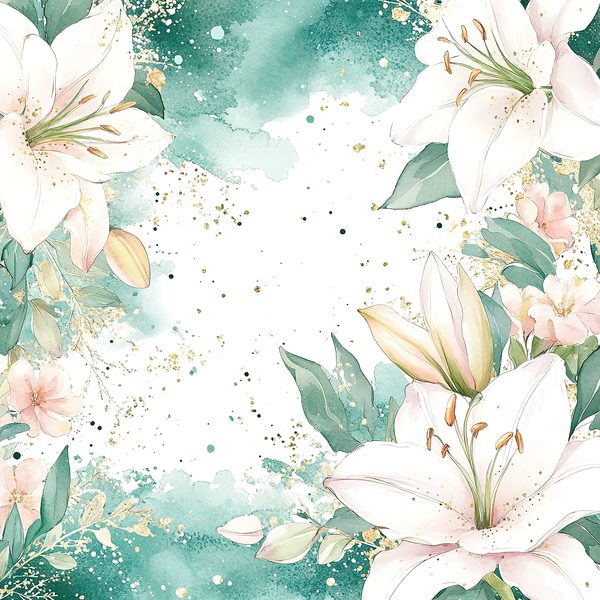 Watercolor Lilies Digital Paper: Gold Splashes, Green & Ivory Background, (Digital Download, Commercial Use) — image 1