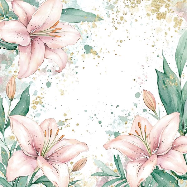 Watercolor Lilies Digital Paper: Gold Splashes, Green & Ivory Background, (Digital Download, Commercial Use) — image 2