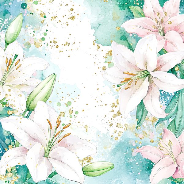 Watercolor Lilies Digital Paper: Gold Splashes, Green & Ivory Background, (Digital Download, Commercial Use) — image 3