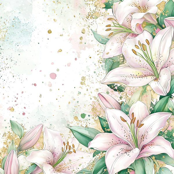 Watercolor Lilies Digital Paper: Gold Splashes, Green & Ivory Background, (Digital Download, Commercial Use) — image 4