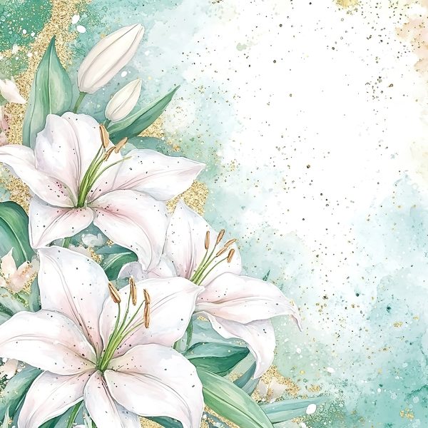 Watercolor Lilies Digital Paper: Gold Splashes, Green & Ivory Background, (Digital Download, Commercial Use) — image 5