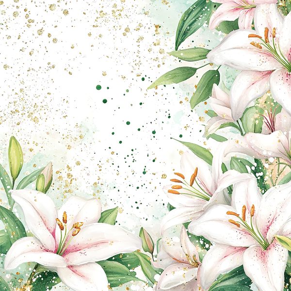 Watercolor Lilies Digital Paper: Gold Splashes, Green & Ivory Background, (Digital Download, Commercial Use) — image 6