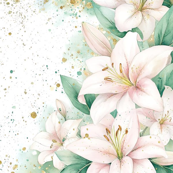 Watercolor Lilies Digital Paper: Gold Splashes, Green & Ivory Background, (Digital Download, Commercial Use) — image 7