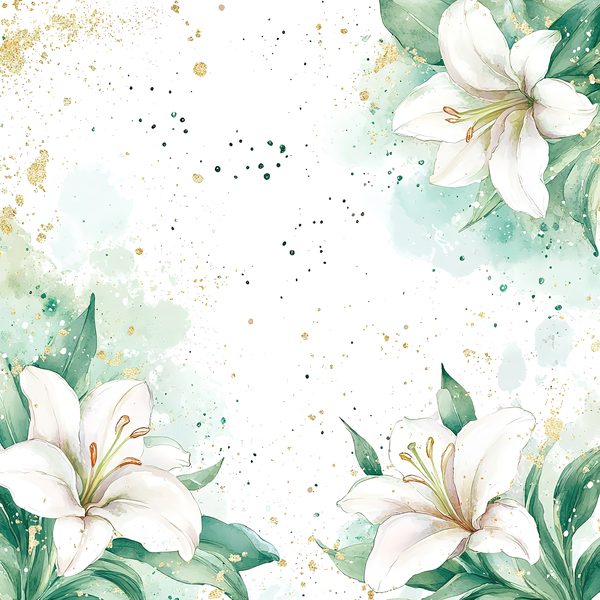 Watercolor Lilies Digital Paper: Gold Splashes, Green & Ivory Background, (Digital Download, Commercial Use) — image 8