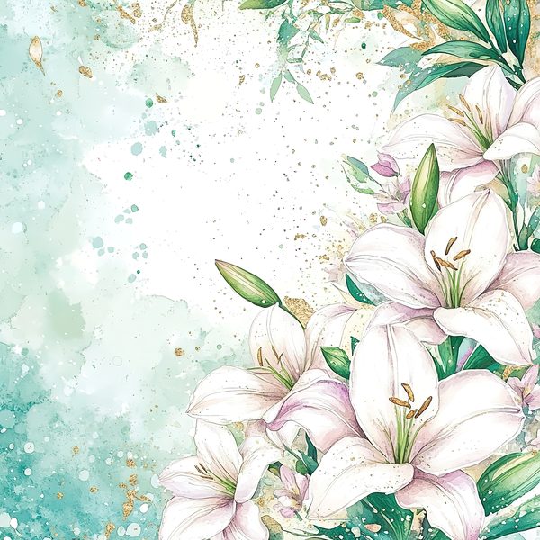 Watercolor Lilies Digital Paper: Gold Splashes, Green & Ivory Background, (Digital Download, Commercial Use) — image 9