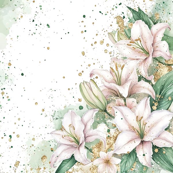 Watercolor Lilies Digital Paper: Gold Splashes, Green & Ivory Background, (Digital Download, Commercial Use) — image 10