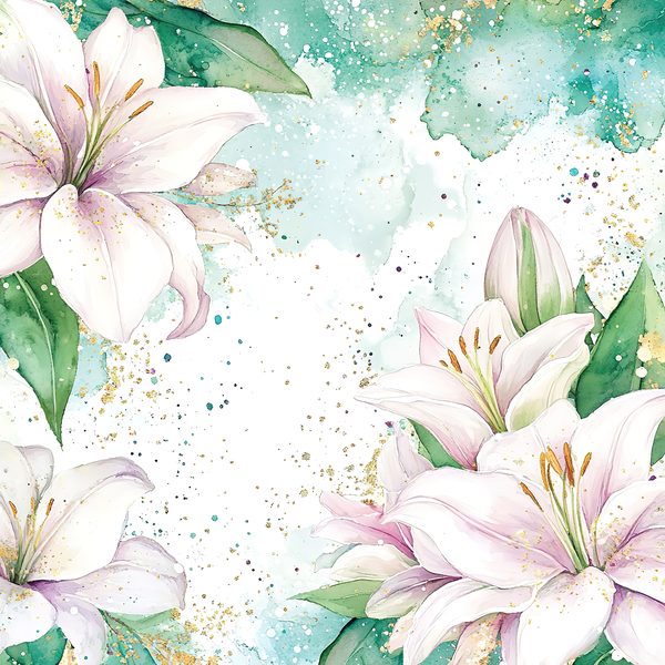 Watercolor Lilies Digital Paper: Gold Splashes, Green & Ivory Background, (Digital Download, Commercial Use) — image 11