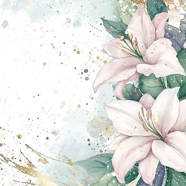 Watercolor Lilies Digital Paper: Gold Splashes, Green & Ivory Background, (Digital Download, Commercial Use) — image 12