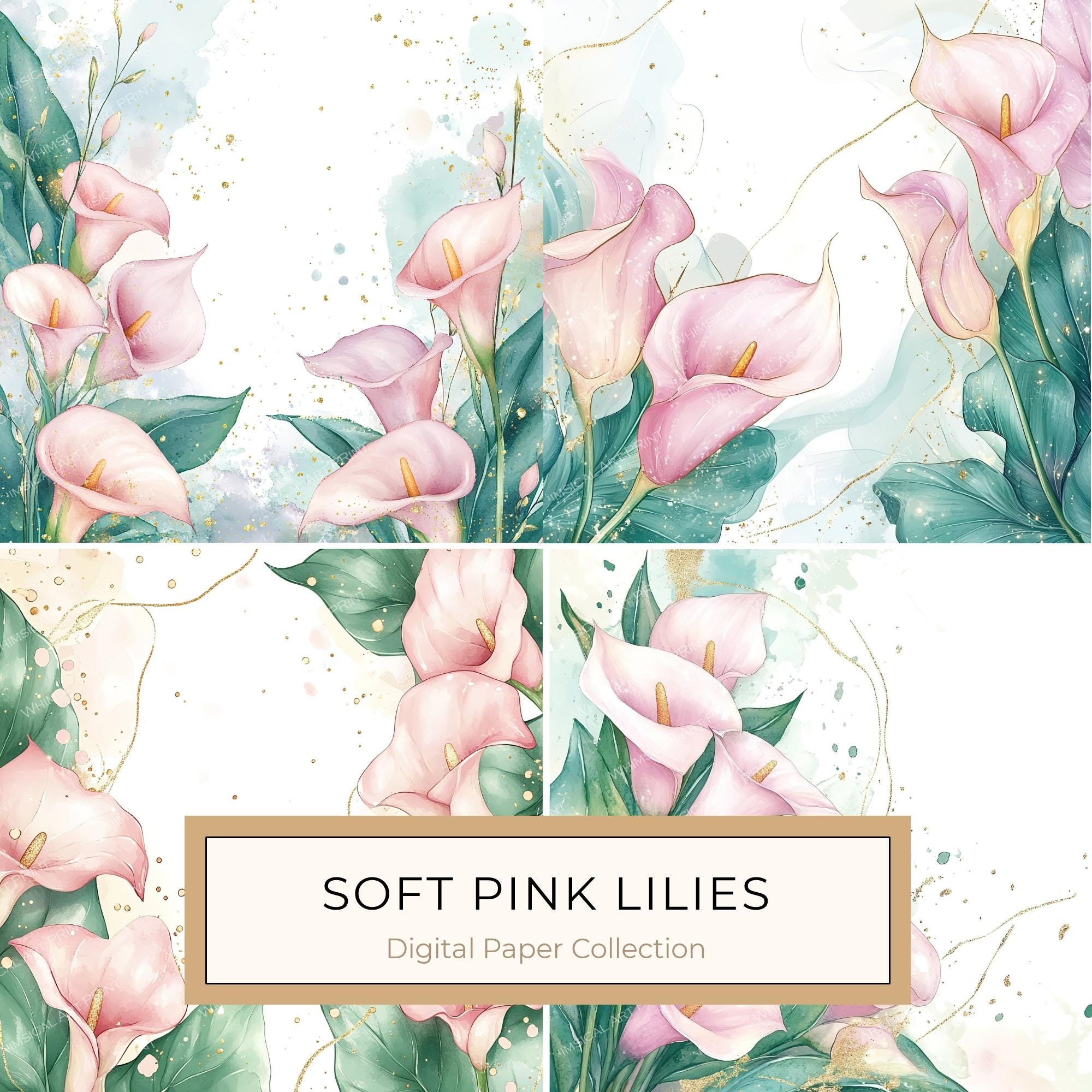 Watercolor Calla Lilies Digital Paper: Pink & Green with Gold (10 JPGs)