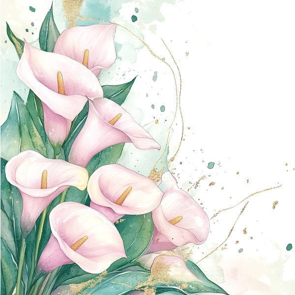Watercolor Calla Lilies Digital Paper: Pink & Green with Gold (10 JPGs) — image 1