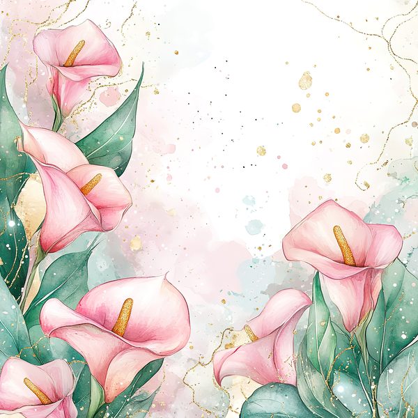 Watercolor Calla Lilies Digital Paper: Pink & Green with Gold (10 JPGs) — image 2