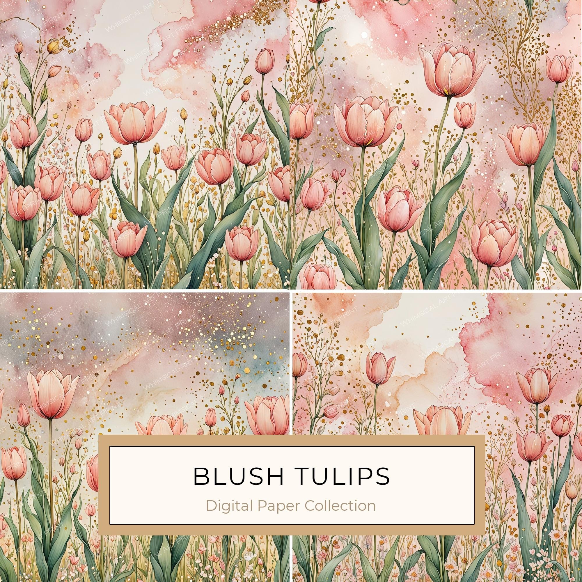 Watercolor Tulip Digital Paper Set: Blush & Gold Scrapbook Art (10 JPGs)