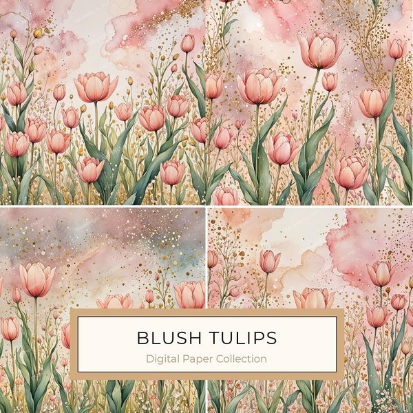 Watercolor Tulip Digital Paper Set: Blush & Gold Scrapbook Art (10 JPGs)