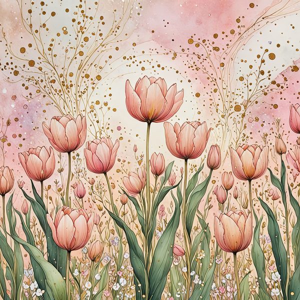 Watercolor Tulip Digital Paper Set: Blush & Gold Scrapbook Art (10 JPGs) — image 1