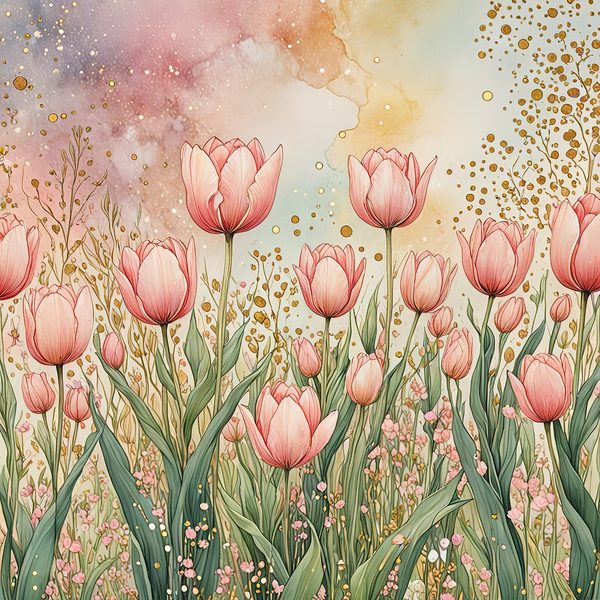 Watercolor Tulip Digital Paper Set: Blush & Gold Scrapbook Art (10 JPGs) — image 2