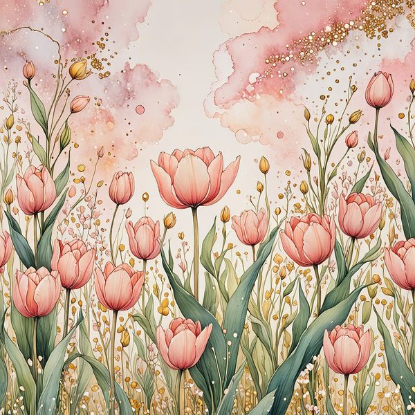Watercolor Tulip Digital Paper Set: Blush & Gold Scrapbook Art (10 JPGs) — image 4