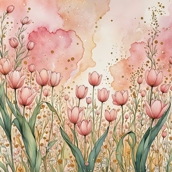 Watercolor Tulip Digital Paper Set: Blush & Gold Scrapbook Art (10 JPGs) — image 5