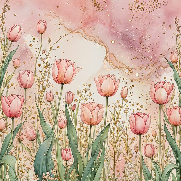 Watercolor Tulip Digital Paper Set: Blush & Gold Scrapbook Art (10 JPGs) — image 7