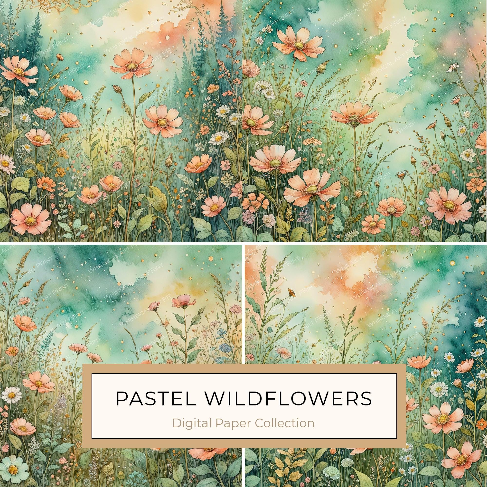 Pastel Wildflower Watercolor Digital Paper Set: Scrapbook & Invitation Backgrounds (10 JPGs)