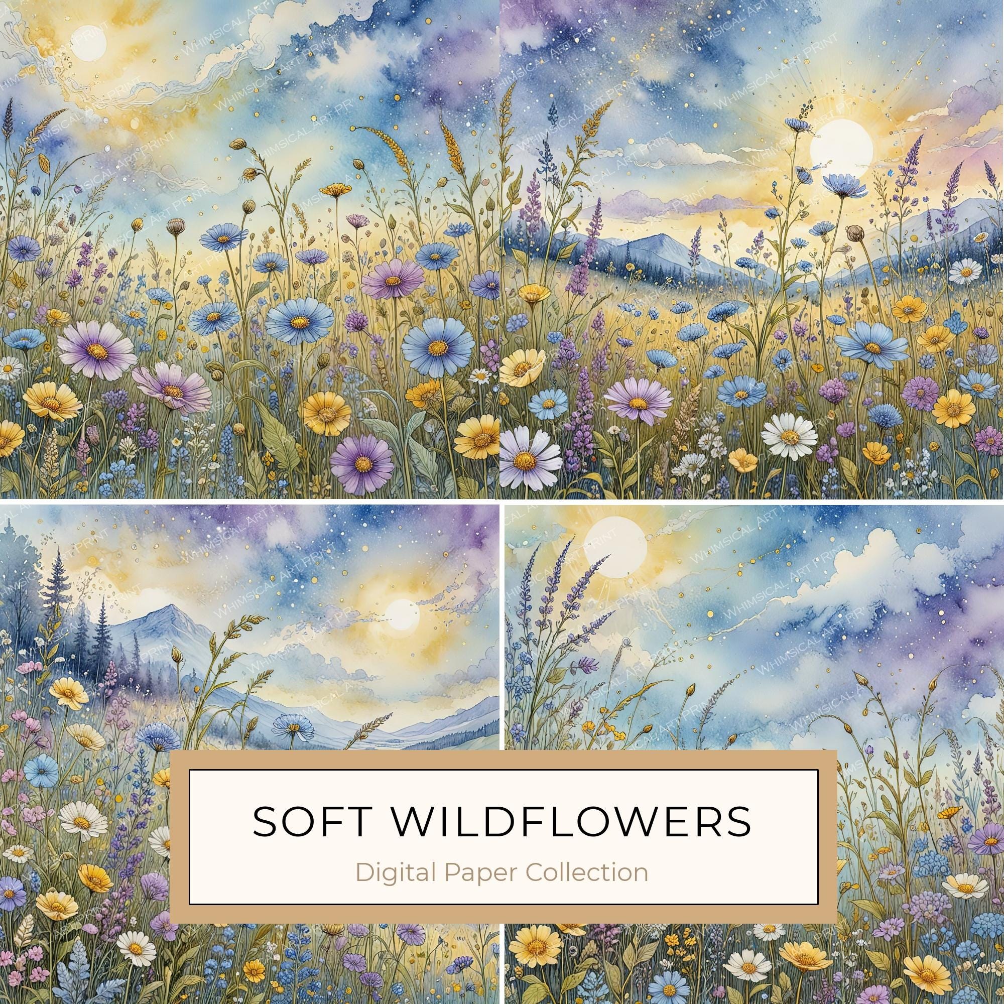 Watercolor Wildflowers Digital Paper: Blue & Yellow Meadow (10 JPGs)