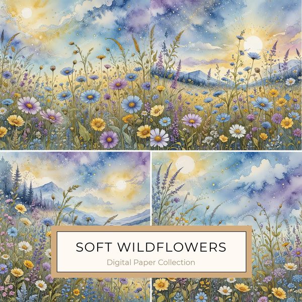 Watercolor Wildflowers Digital Paper: Blue & Yellow Meadow (10 JPGs)