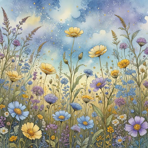 Watercolor Wildflowers Digital Paper: Blue & Yellow Meadow (10 JPGs) — image 11