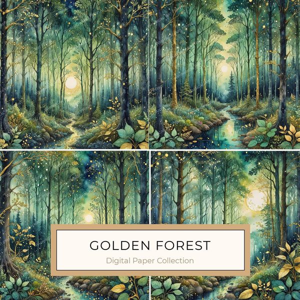 Watercolor Forest Digital Paper: Gold Accents, Green & Earthy Tones (10 JPGs)