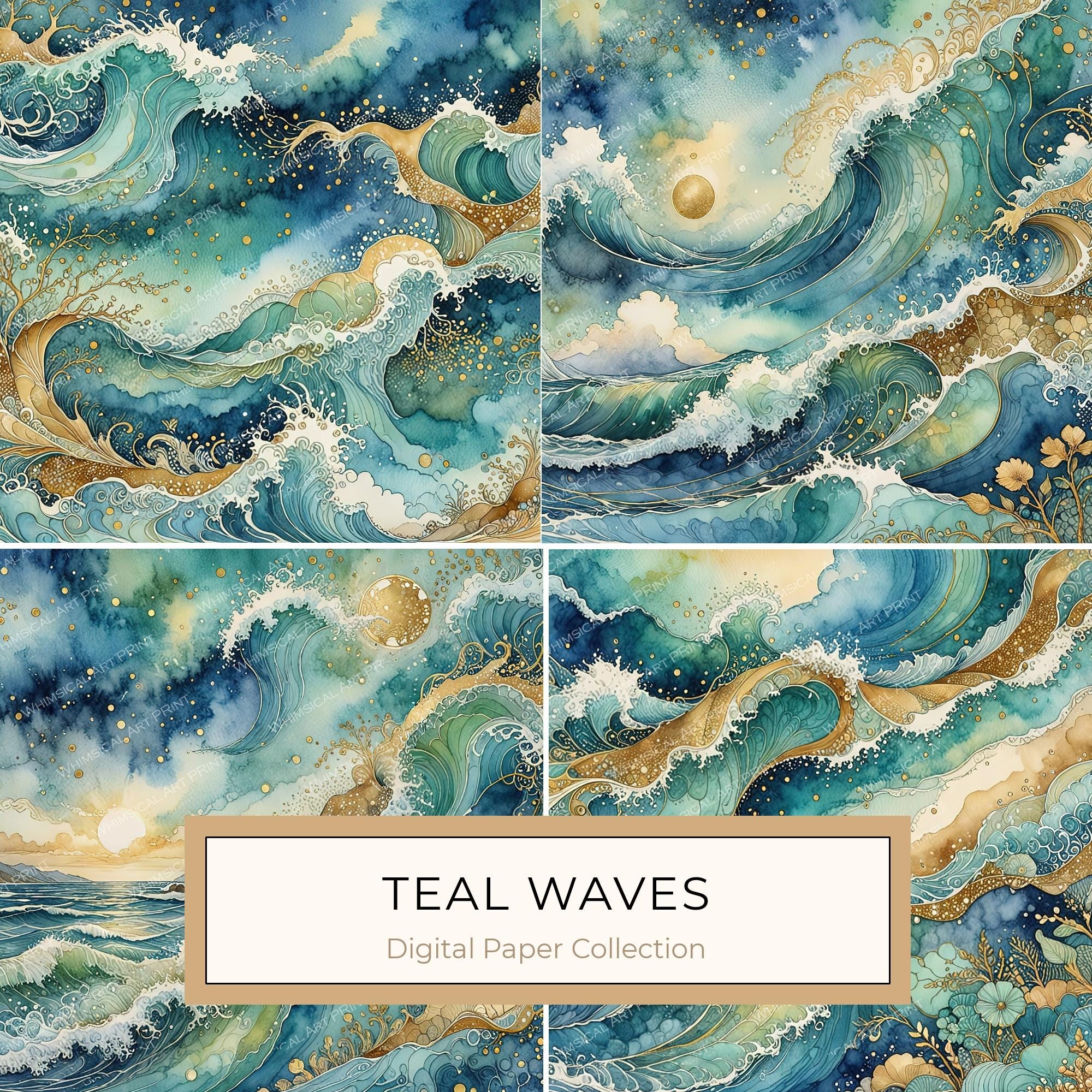 Watercolor Ocean Waves Digital Paper: Teal & Gold (10 JPGs)