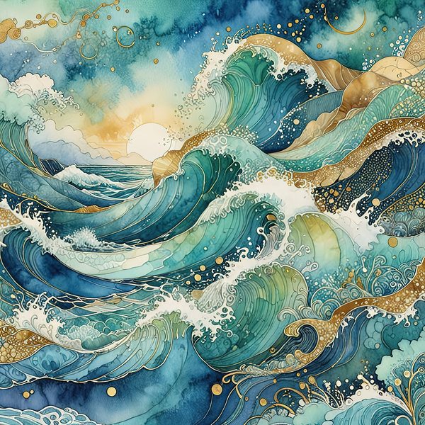 Watercolor Ocean Waves Digital Paper: Teal & Gold (10 JPGs) — image 1