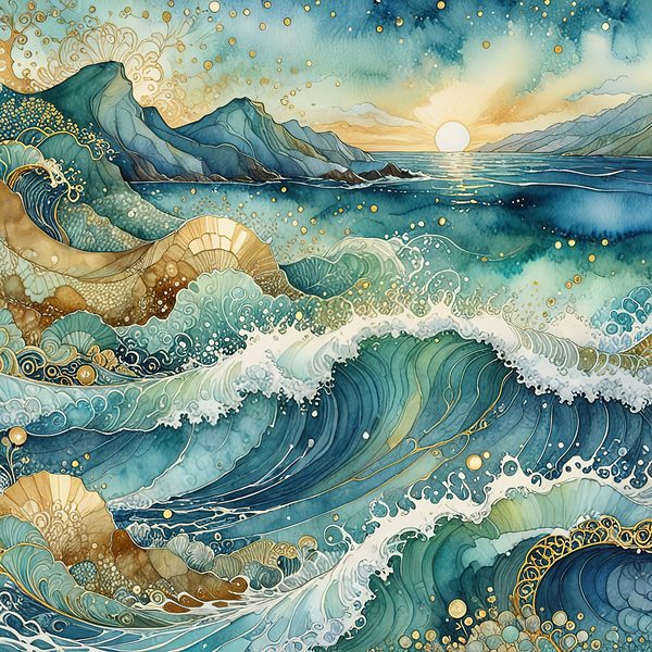 Watercolor Ocean Waves Digital Paper: Teal & Gold (10 JPGs) — image 2