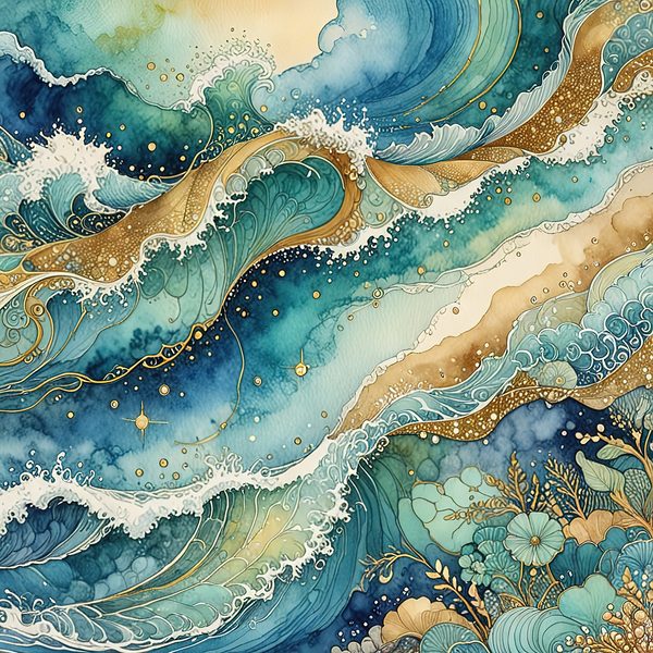 Watercolor Ocean Waves Digital Paper: Teal & Gold (10 JPGs) — image 3